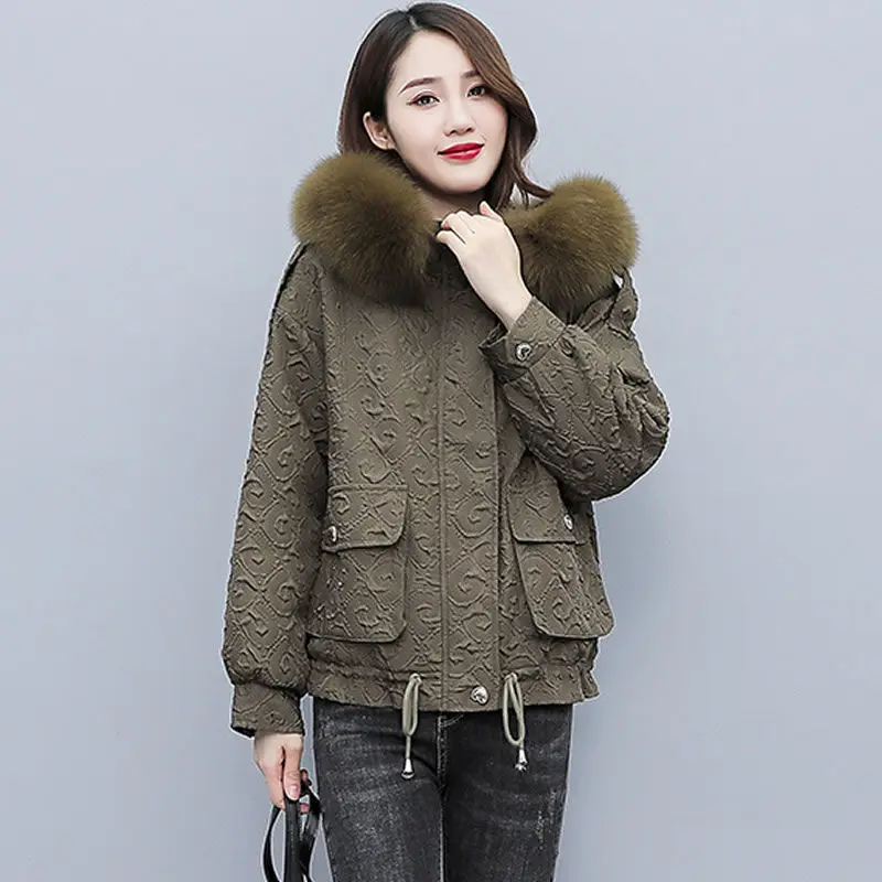 

Fashion Design Short Winter Jacket Parkas Thicken Add Velvet Padded Warm Women Cotton Coat Female Printed Tooling Outerwear NEW