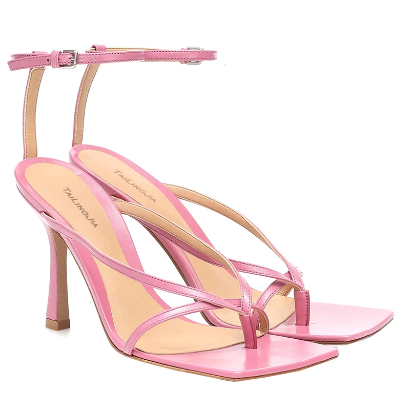 Sandali rosa con punta quadrata per donna 2024 Tacchi blu Cinturino alla caviglia Sandali infradito con tacco Scarpe estive da donna Infradito con