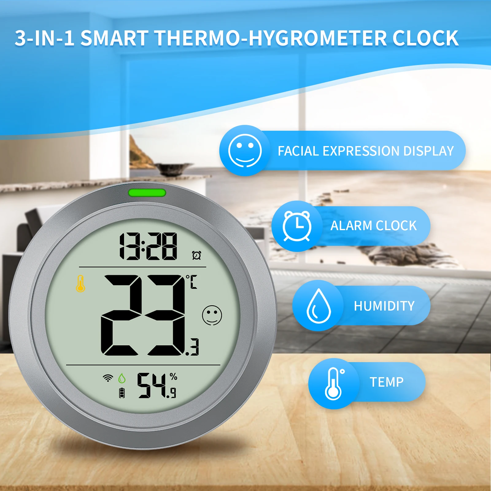 FABISENSE Tuya WiFi Digital Hygrometer Indoor Thermometer Humidity Temperature Sensor Clock Remote App Monitoring Grey PTH-DW