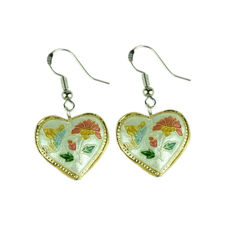 

Multicolor Cloisonne Heart Shaped Dangle Earrings Chinese Traditional Handcrafts Enamel Love Copper Jewelry Ladies Accessories