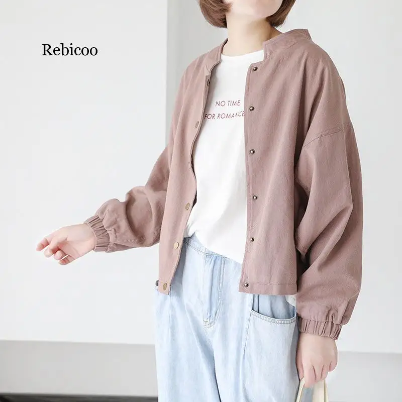 Rebicoo wild spring and autumn season new stand-up collar solid color single-row copper buckle tooling jacket short jacket