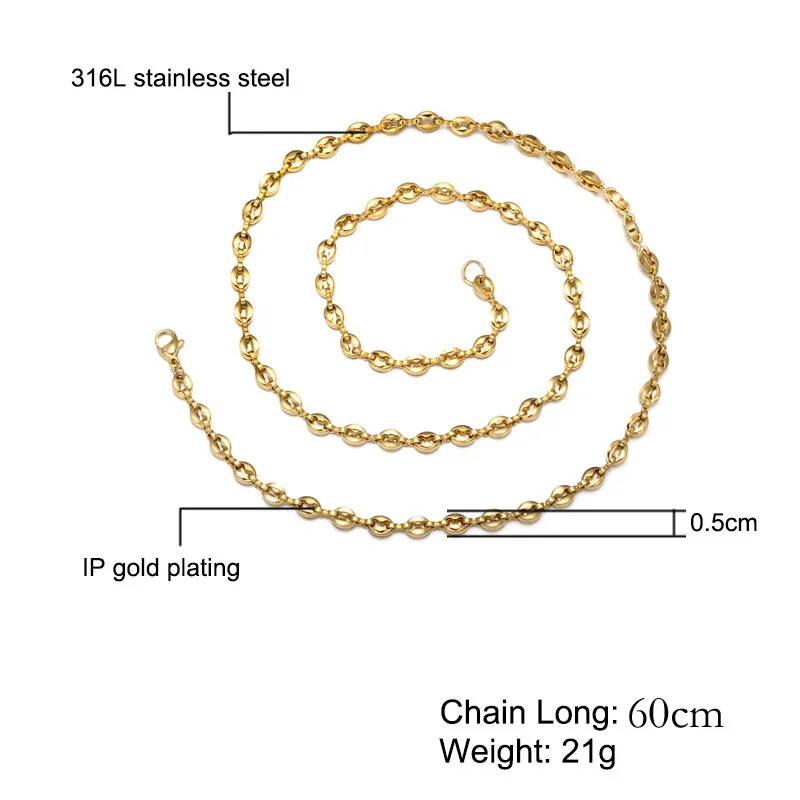 WT-BFN003 Wholesale 5mm stainless steel coffee bean necklace titanium steel fashion jewelry necklace chain for DIY jewelry desig