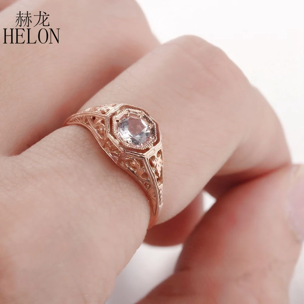 HELON Solid 10K Rose Gold Flawless Round 4.5mm Genuine Morganite Engagement Wedding Ring Vintage Antique Women Fine Jewelry Ring