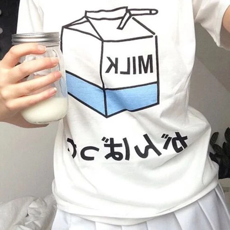 Kawaii Ulzzang Harajuku Aesthetic T-shirt Milk Cartoon Sweet Girls Peach Print Tops Tees Korean Fashion Casual Women Clothing