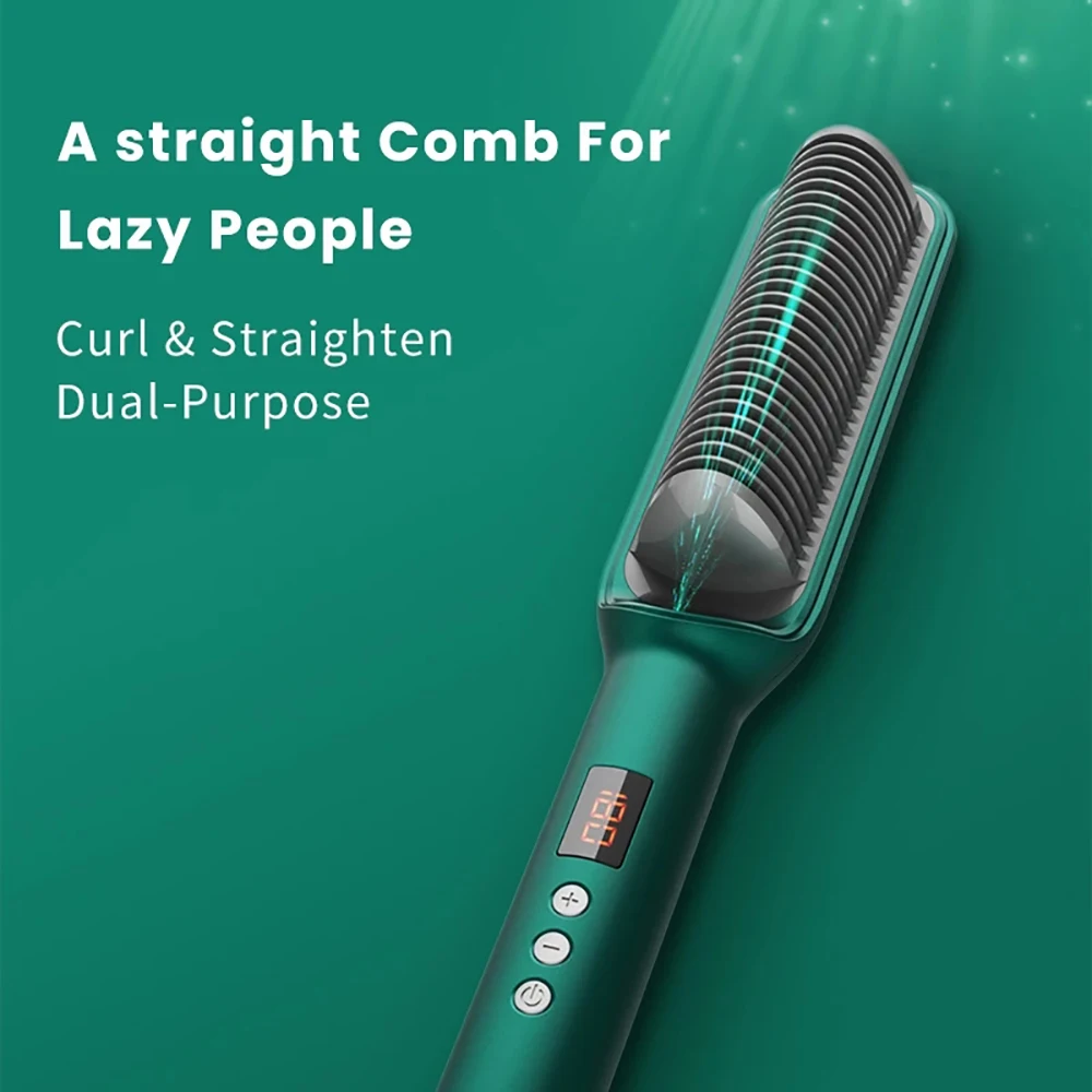 Cor-de-rosa verde alisador de cabelo escova alisamento ferro com construído em pente 20s rápido aquecimento & 17 temp configuração anti-escald ferramenta