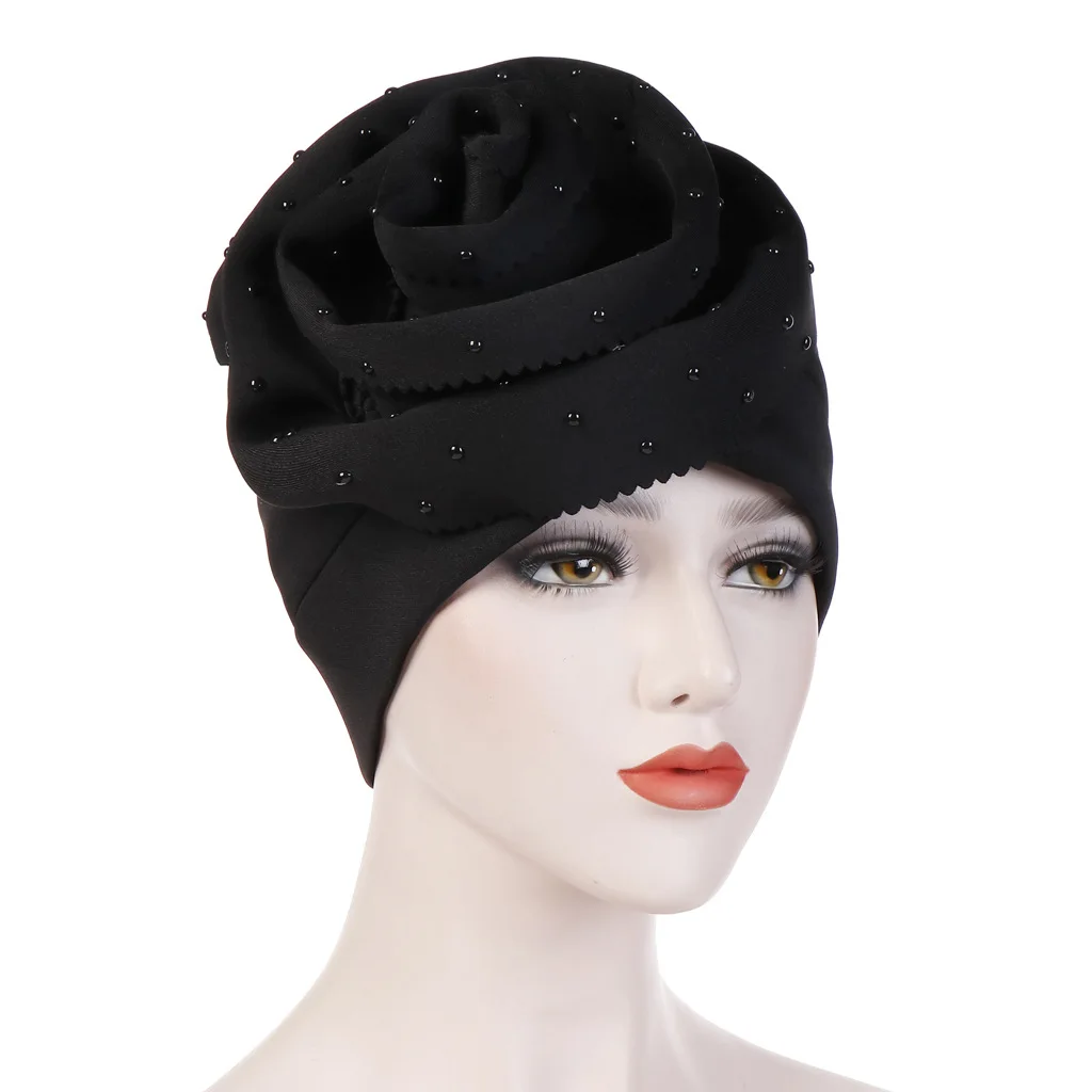 Hand Cut Oversized Flower Ceramic Ruffled Solid Color Headscarf Hat Girl Space Cotton Hat Skullies Beanies Hats for Women Turban