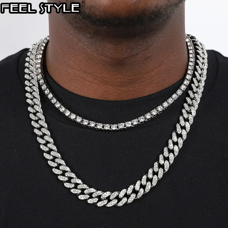 

Hip Hop 2PCS KIT 13MM Cuban Chain 5MM Tennis Chain Rhinestone Miami Zircon Bling Iced Out Necklace For Men Women Jewelry