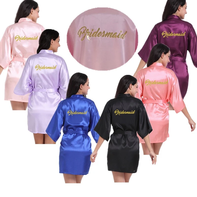 Wholesale Bridesmaid Letter Gold Glitter Women Solid Satin Kimono Robes For Wedding Party Birthday Bathrobes Sleepwear T3