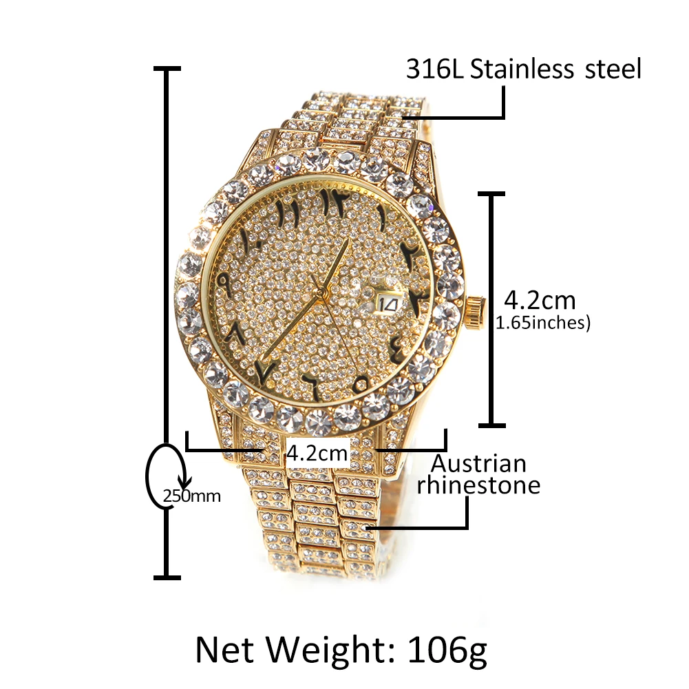 UWIN Big Dial Watch for Men Full Iced Out CZ Stainless Steel Belt Luxury Quartz Wrist Watches Hip Hop Watch  for Drop Shipping