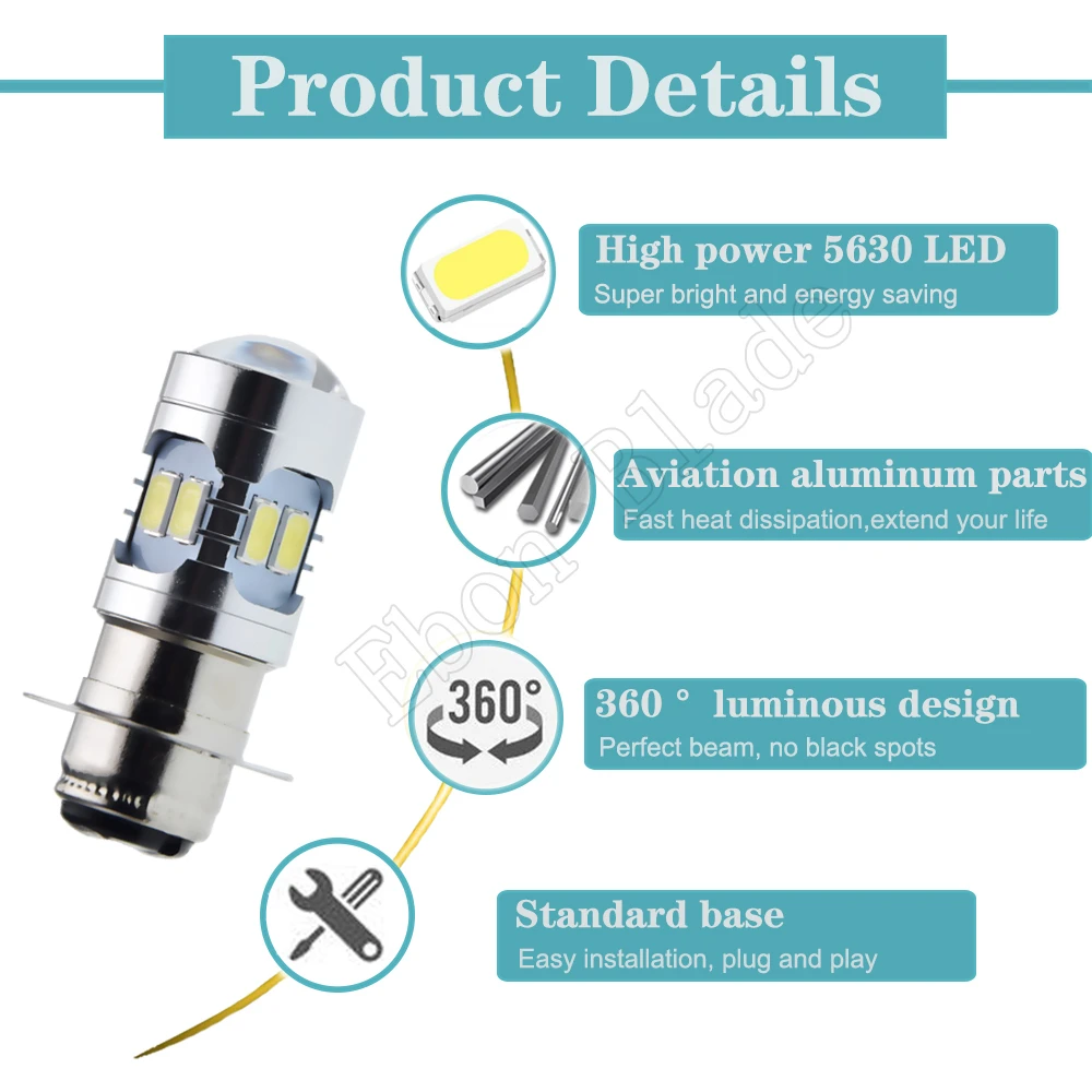 1Pcs P15D H6M Motorcycle LED Headlight 12SMD Dual Beam Bulb Motorbike Scooter ATV LED Headlamp Fog Lamp 6V-30V 12V White Yellow