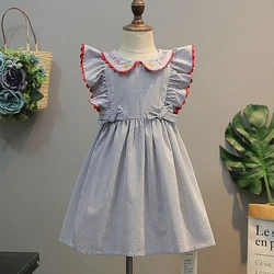 2020 New Summer Girls' Dress Bow Flying Sleeve Striped Lapel Floral Party Princess Dress Children's Kids Girls Clothing