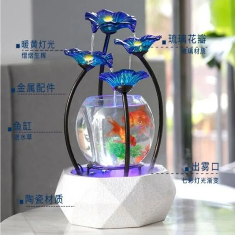 Glass Fish Tank for Living Room Creative Ceramic Water Fountain Humidifier Home TV Cabinet Desk Decoration Gift Fountain Pump