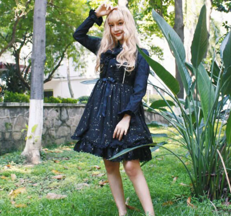 Japanse Zoete Lolita Band Jurk Vintage Hoge Taille Leuke Printing Star Victoriaanse Jurk Kawaii Meisje Gothic Lolita Cos Loli