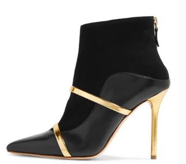 

Hot Selling Ladies Fashion Pointed Toe Gold Metal Ankle Boots Back Chain Stiletto High Heel Gladiator Boots High Heel Boot 42