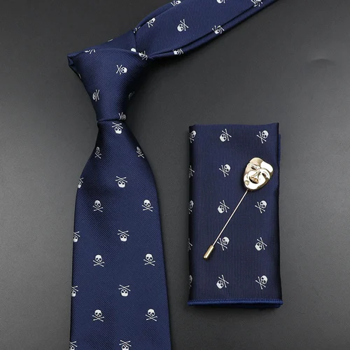 Imagen 2 del producto Conjunto de corbata de calavera a la moda para hombre, nuevo diseño, traje de poliéster de 8cm, Collar, pajarita, pañuelo, broche de máscara a la moda, accesorio de boda de lujo