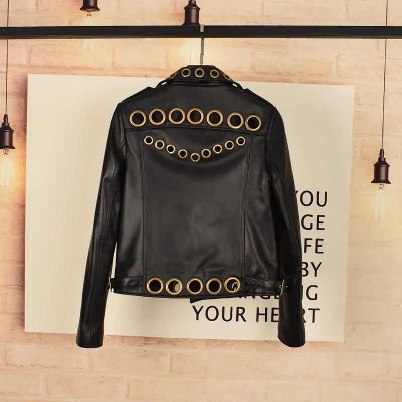 New Designer Women Metal Hollow Out Sheepskin Real Leather Jacket Punk Style Moto Biker Short Outwea Coat Genuine Leather Jacket