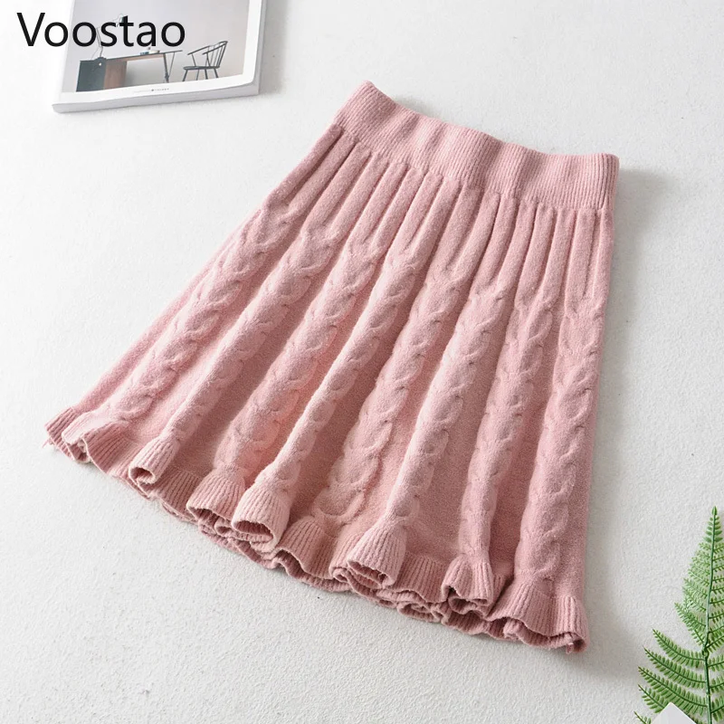 Autumn Winter Women Preppy Chic Ruffles Knitted Mini Skirts Casual Solid High Waist A-Line Faldas Mujer Girls Harajuku Skirt