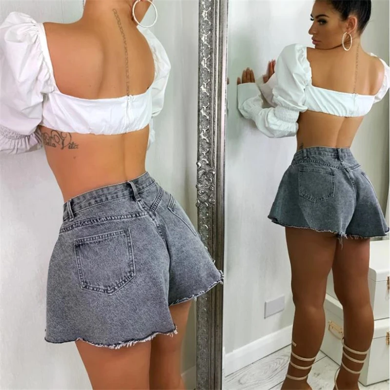 FUFUCAILLM Women Loose Style Shorts Solid Color Mid Waist Cutting Edge Flared Denim Shorts Fahiong Femme High Streetwear