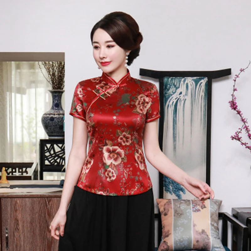 Plus size cheongsam women blouse shirt Chinese style elegant thin short-sleeved shirt women tops  mother Chinese shirt Qipao