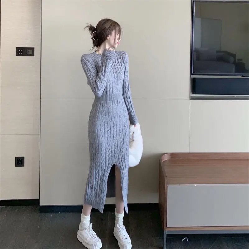 

New style slim temperament knitting 2021 autumn and winter twist over the knee front and back double bottomed sweater long dress