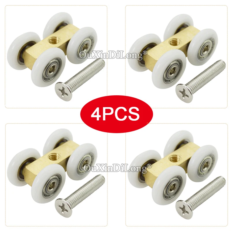 Brand New 4PCS Bathroom Shower Sliding Door Rollers Copper Hanging Pulleys 4 Nylon Smoothly and Mute Wheels Runners