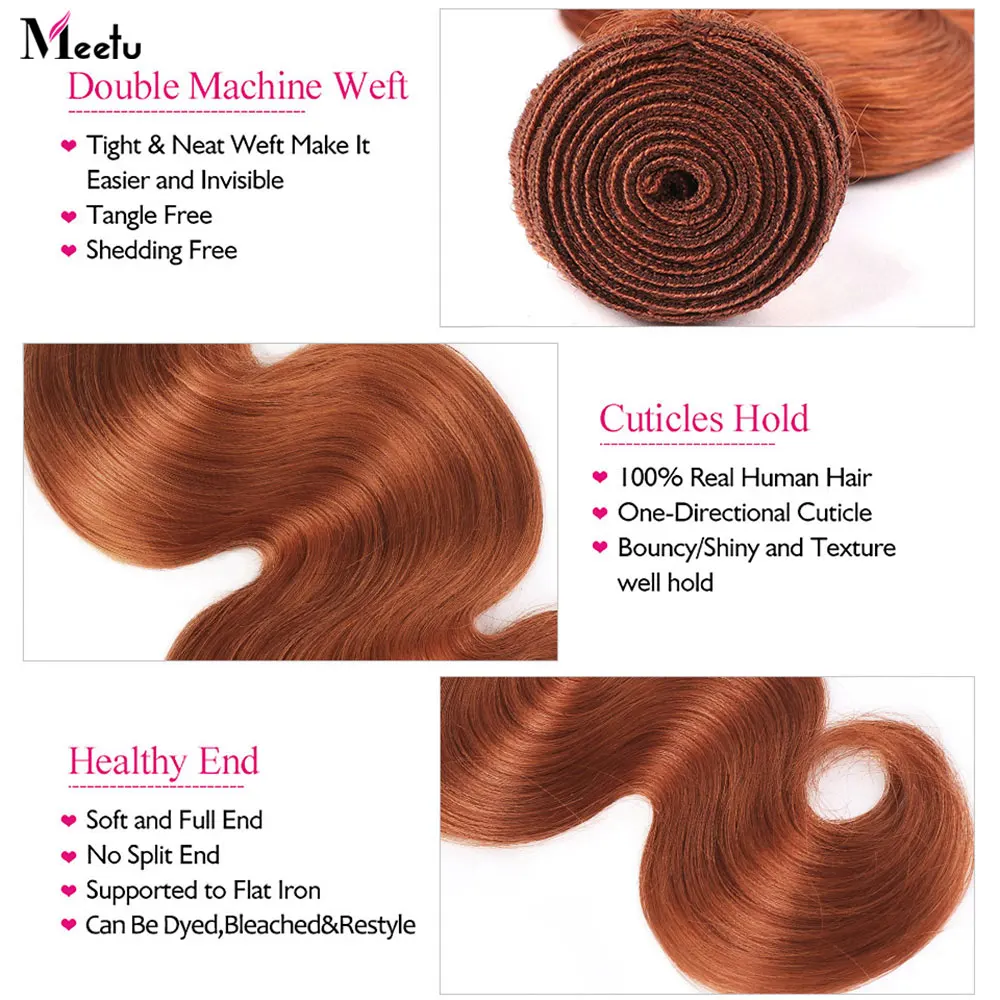 Meetu 613 Bundles with Closure Body Wave Ginger Human Hair Bundles with Closure Blonde 4x4 Inch Ombre Bundles with Closure