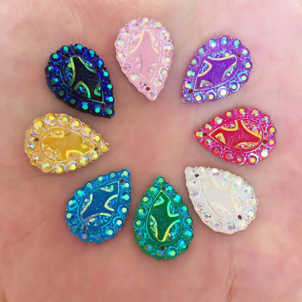 40PCS AB Resin 13*18mm Drop Gem Flatback Rhinestone Wedding 2 Hole Applique DIY Crystal Ornaments SR82