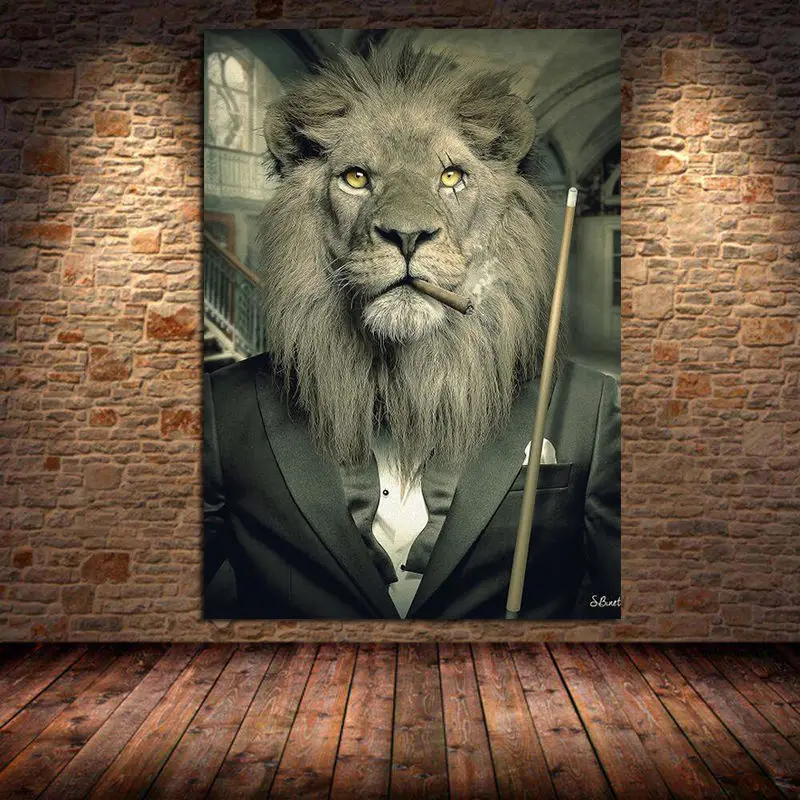 Mafia Lion Smoking In Suit Play Snooker Canvas Painting Wall Art Posters Prints Pictures for Living Room Decor Cuadros Unframed