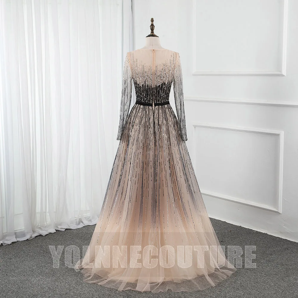 Muslim Gradient Long Sleeve Evening Dresses Beading Dubai Tulle Beading Formal Party Dress Elegant