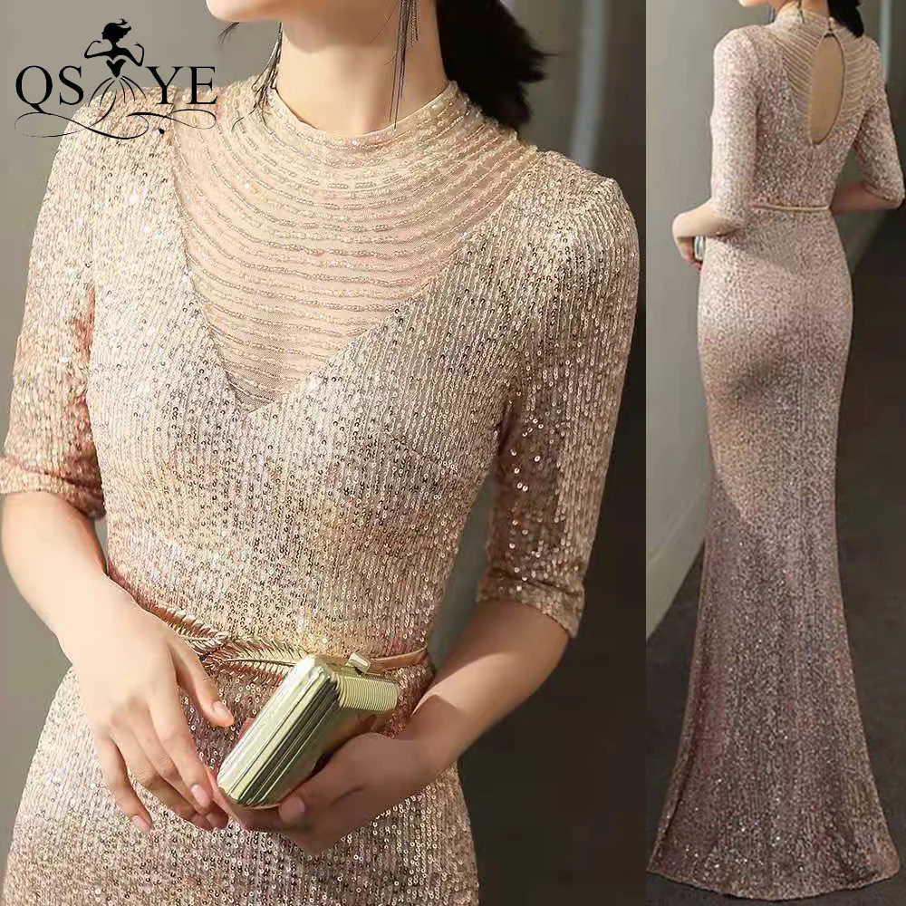 

QSYYE Sparkle Gold Evening Dress Mermaid Sequin Evening Gown Fitted Glitter Halter Neck Beadings Formal Party Gown Sleeveless