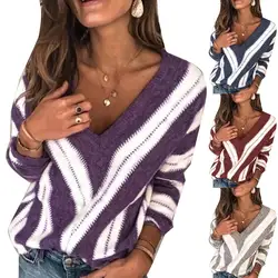 Fashion Women Autumn Long Sleeve V Neck Color Block Loose Plus Size Sweater hot sales 2020