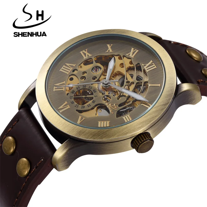 Shenhua Fashion Vintage Watches Men Stainless Steel Automatic Mechanical Watches Men Skeleton Watches Relogio Masculino