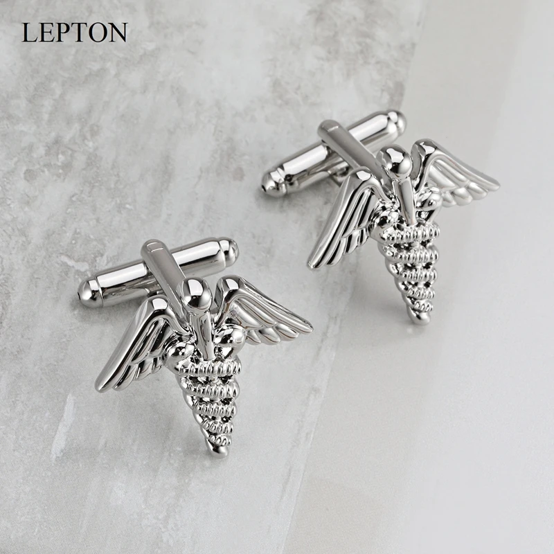 Lepton Caduceus Medical Cufflinks For Men Male Medical Student MD Physician High quality Silver color Doctor Cufflink Best Gift