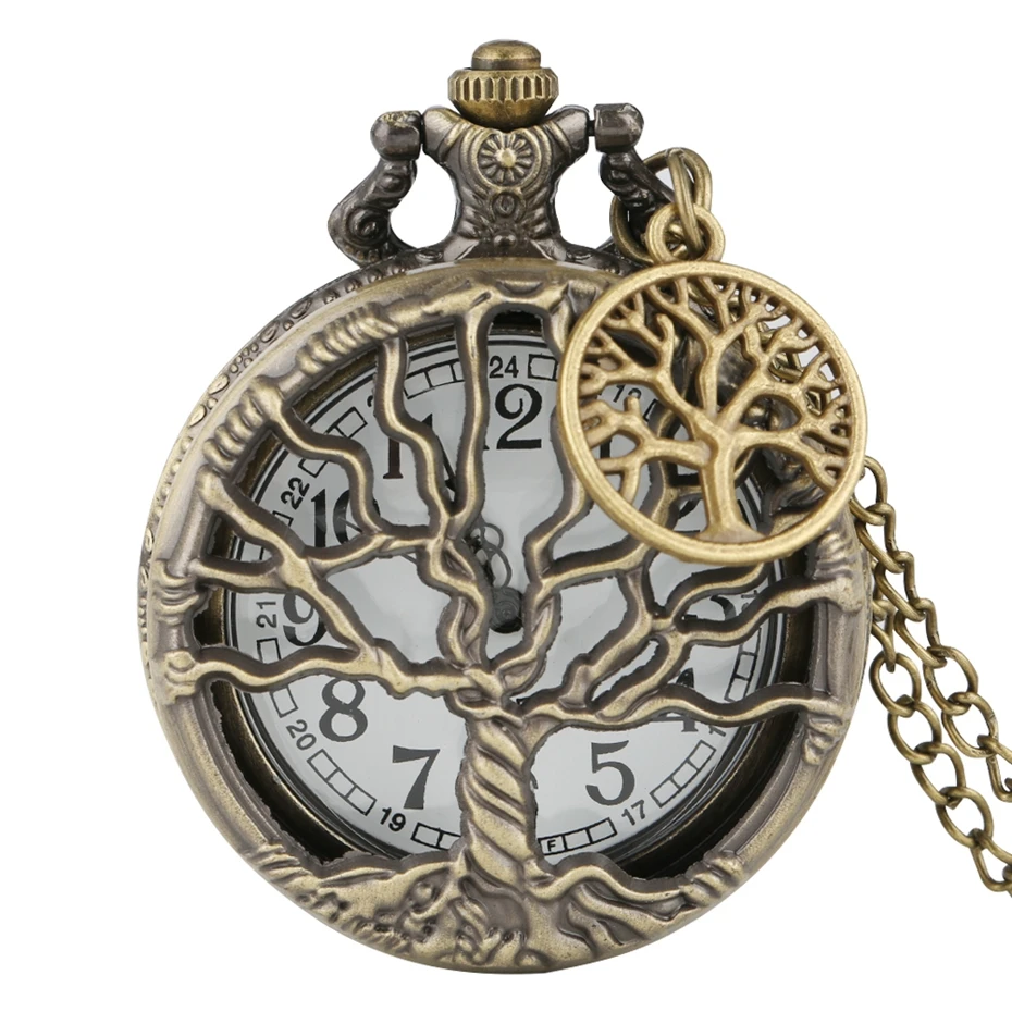 Reloj de bolsillo de cuarzo con diseño de árbol de la vida, cadena inmortal, colgante de diseño de bronce, antiguo, Vintage, accesorio de árbol