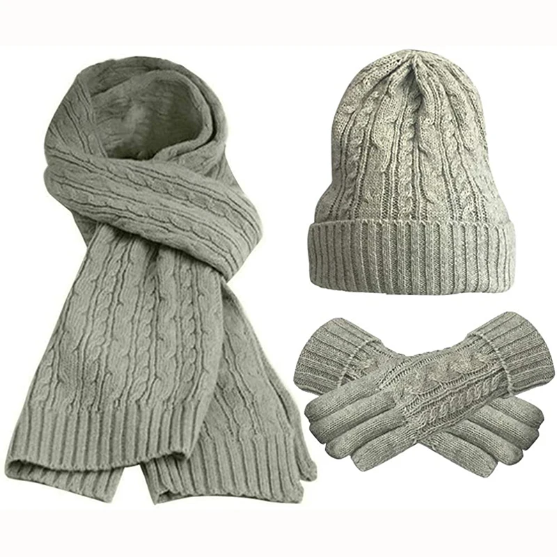 Women\'s Scarf Sets Winter Hat Scarf Gloves Knitted Keep Warm Scarves Simple Solid Color Clothes Accessories Thick Soft Scarf Set