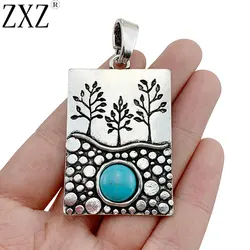 ZXZ 2pcs Tibetan Silver Large Tree Rectangle With Imitation Stone Charms Pendants for Necklace Jewelry Making Findings 67x35mm