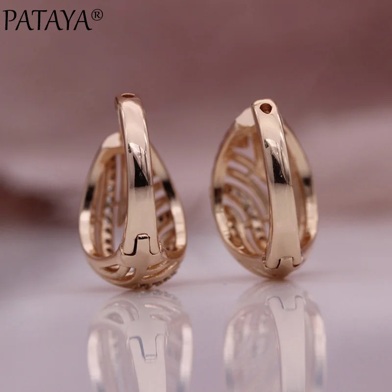 PATAYA New Hollow Drop Earrings Ring Sets 585 Rose Gold Color Natural Zircon Fashion Jewelry Set Women Wedding Luxury Fine Noble