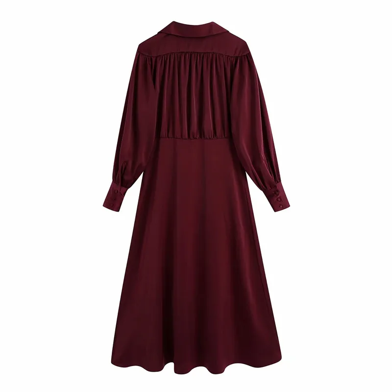 Evfer Women Fashion Autumn Za Satin Feeling Red Midi Dresses Ladies Elegant Long Sleeve VNeck High Waist Pleated Long Dress Chic