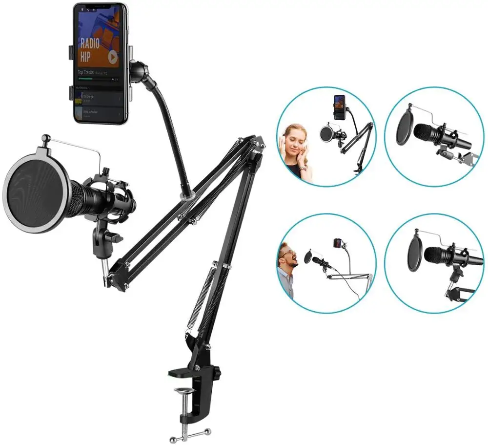 Adjustable Recording Microphone Suspension Boom Scissor Arm Stand with Mic Round Shape Wind Pop Filter Shield, Shock Mount and P