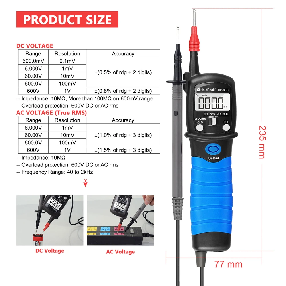 BTMETER BT-38C Pen Type Digital Portable Multimeter Multi-tester Handheld 6000 Counts for AC DC Voltage,Resistance,Capacitance