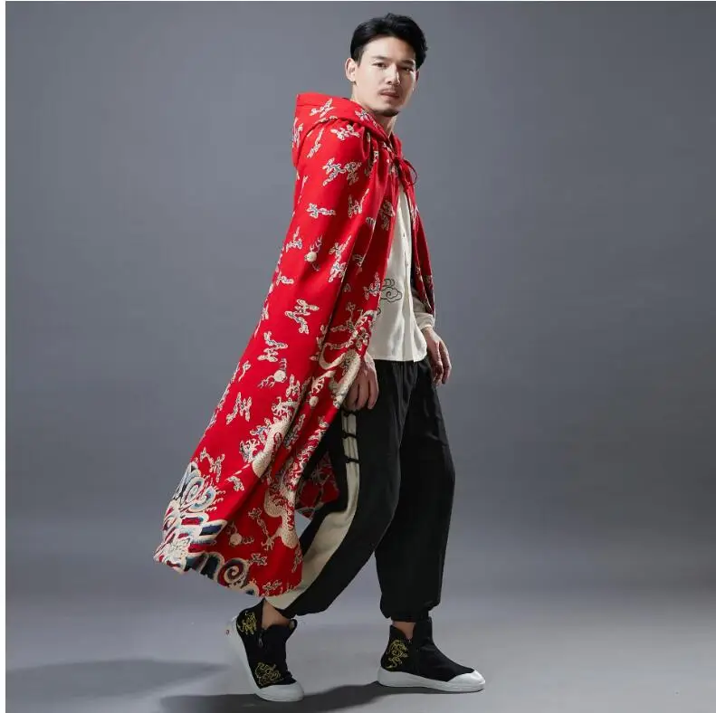 Oriental Dragon printed Plush Cape spring  Autumn Chinese style clothing  Hemp cotton Cloack ancient costume for Overseas Asian