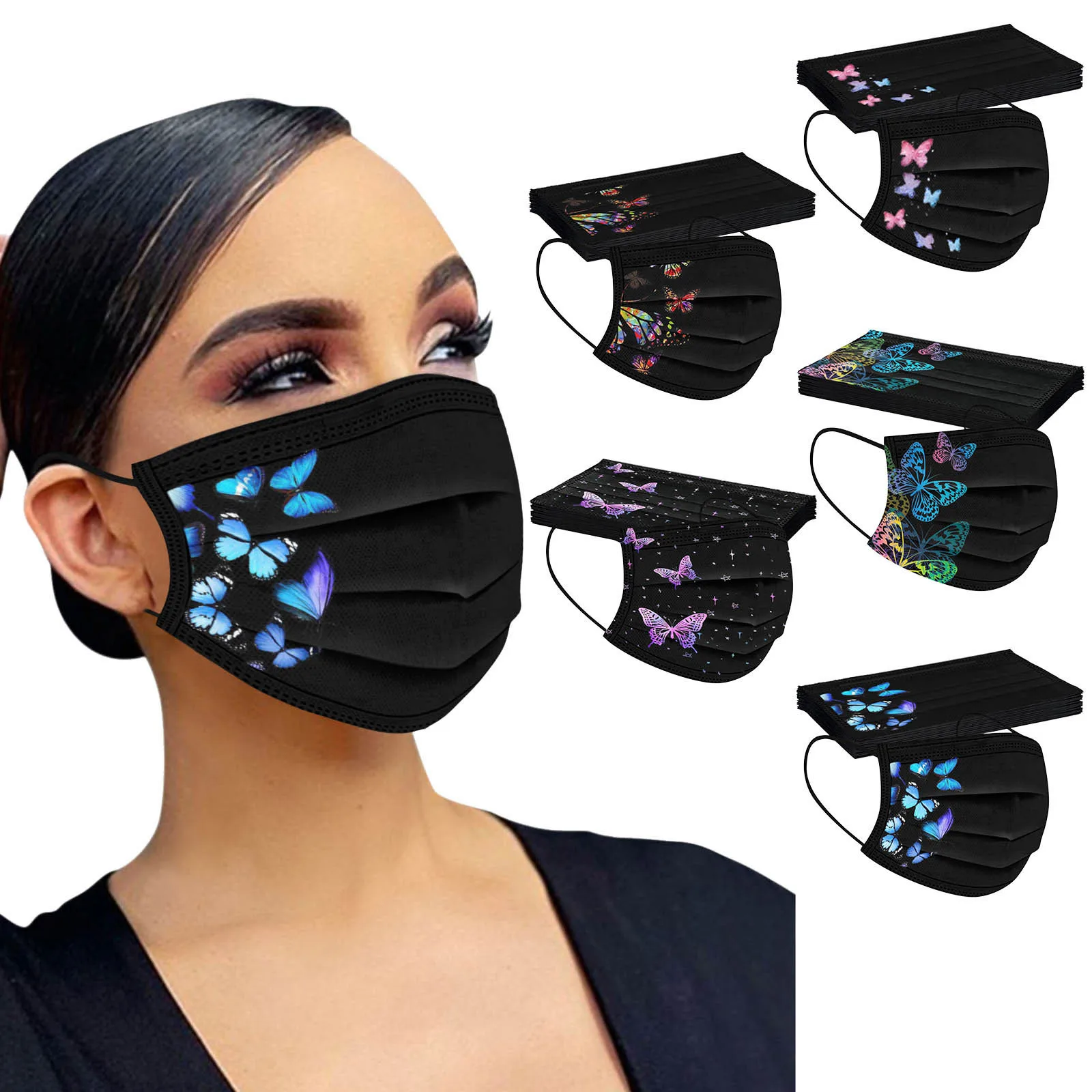 50pcs Black Mask Adults Disposable Butterfly Print Facemask Designer Mascarillas Masque Face Mask Mascarillas Halloween Cosplay