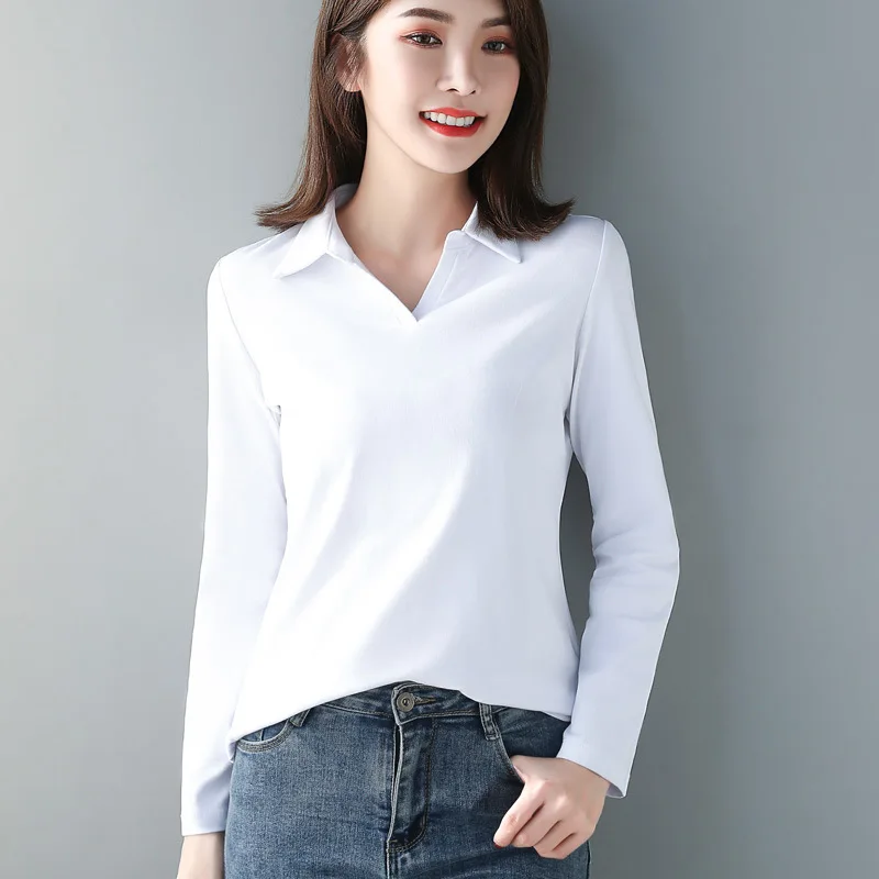 Women Cotton T-shirt Solid color Lady Polos Long Sleeve Autumn Winter Women's clothings All match Female T-shirts