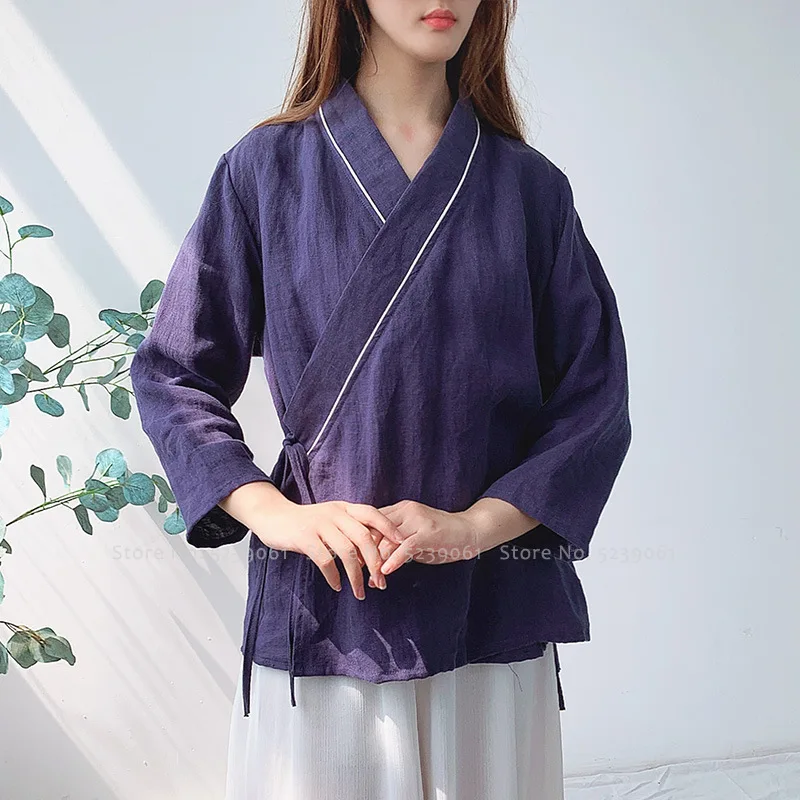 

Blue White Chinese Style Hanfu Tops Kimono Robes Women Zen Tea Linen Casual Blouse Shirts Oriental Kung Fu Cardigan Jackets Coat