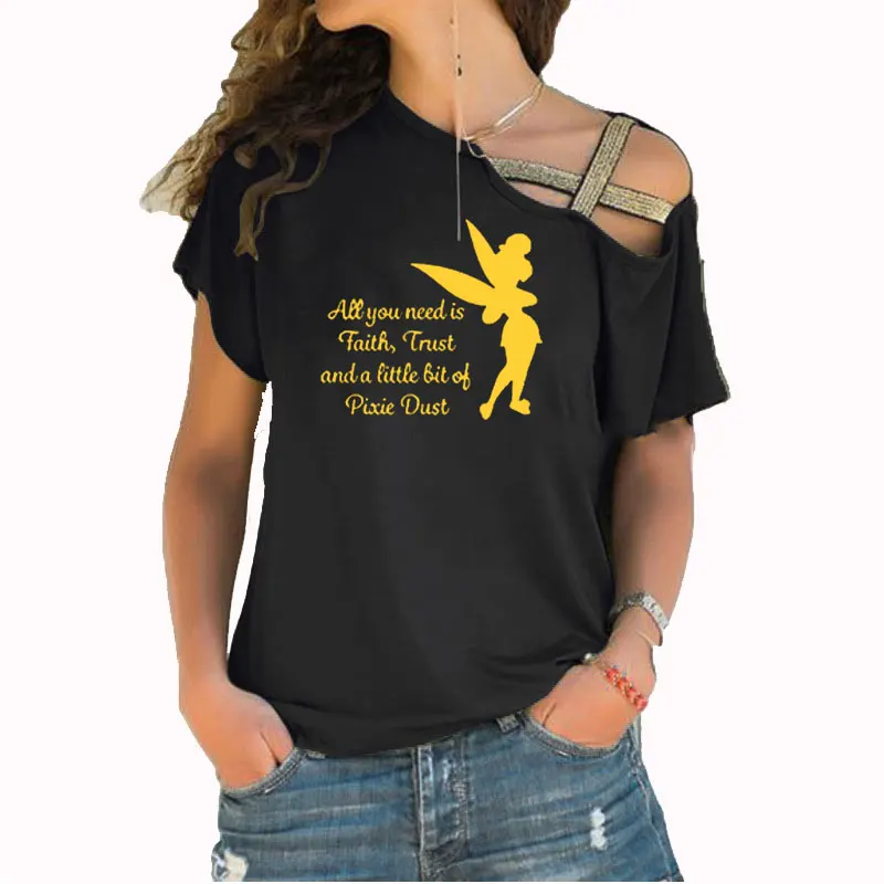 All you need is a little Faith Trust and Pixie Dust T shirt Femme Tinkerbell Printed Irregular Skew Cross Bandage Tshirt