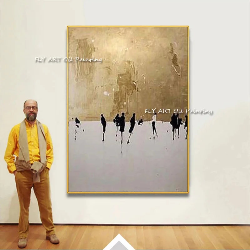 Hand-painted Abstract Street People Walking Oil Painting Fashion Wall Art Gold Black and White Oil Painting For House Decor