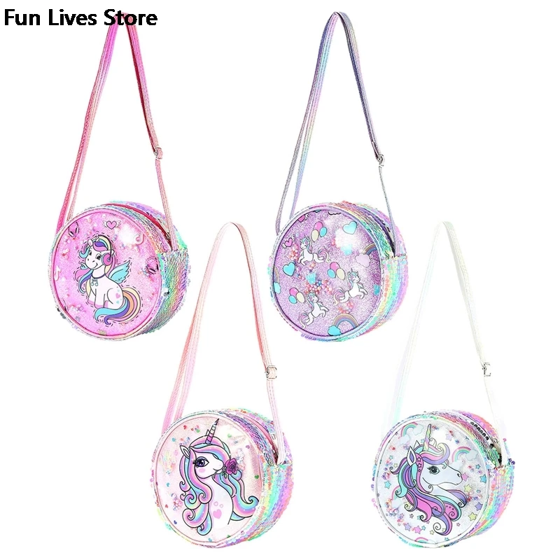 Round Shape Sequins Shoulder Handbag Unicorn Crossbody Coin Bag Children Kids Holiday Travel Pocket Pack Cartoon Phone Purse