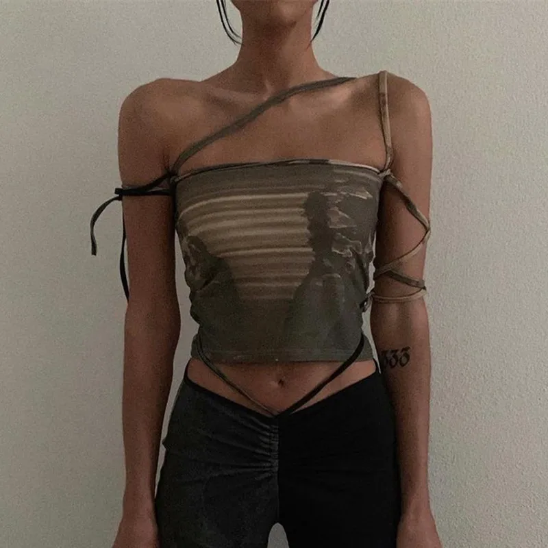 Punk Gothic Camis Grunge Lace Up Off Shoulder Women Crop Tops Hip Hop Bodycon Sleeveless Vintgae Print 90s Streetwear