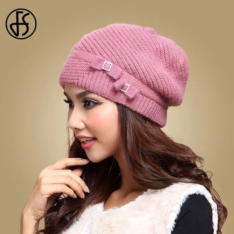 FS Winter Hat For Women Beanies Hats Rabbit Fur Black Wool Knitted Caps Skullies Elegant Casual Solid Bonnet 2020 Gorros Mujer