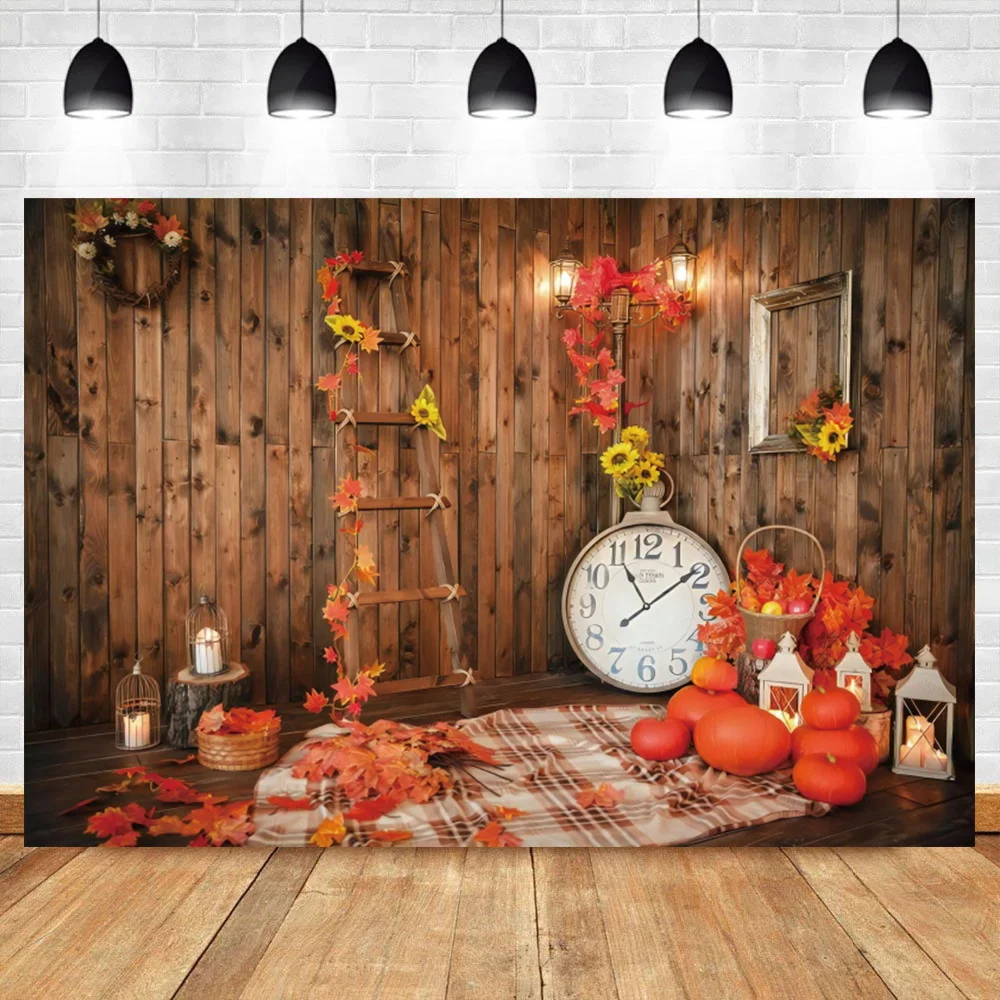 

Laeacco Autumn Pumpkin Fruit Wood House Background For Photography Maple Leaf Child Interior Photocall Backdrops Photo Studio